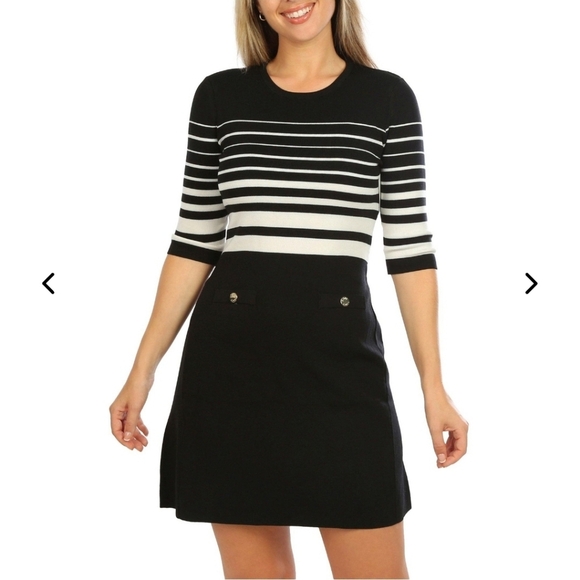 NWT $149 Ellen Tracy Women's Elbow Sleeve Striped Black White Dress Knit Sz XL - Picture 1 of 15